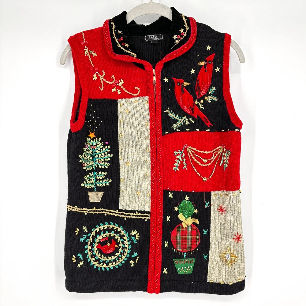 Vintage Lisa International Sweater Vest Ramie Cotton Holiday Zip Front Red S